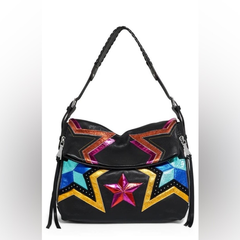 Aimee Kestenberg Black Leather Shoulder Bag with Metallic Star Appliqués